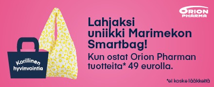 “Mainos, jossa pinkillä taustalla näkyy Marimekon keltakuvioinen Smartbag, tumma ostoskori-ikoni ja teksti: ‘Lahjaksi uniikki Marimekon Smartbag! Kun ostat Orion Pharman tuotteita 49 eurolla.’ Oikeassa yläkulmassa Orion Pharma -logo.”